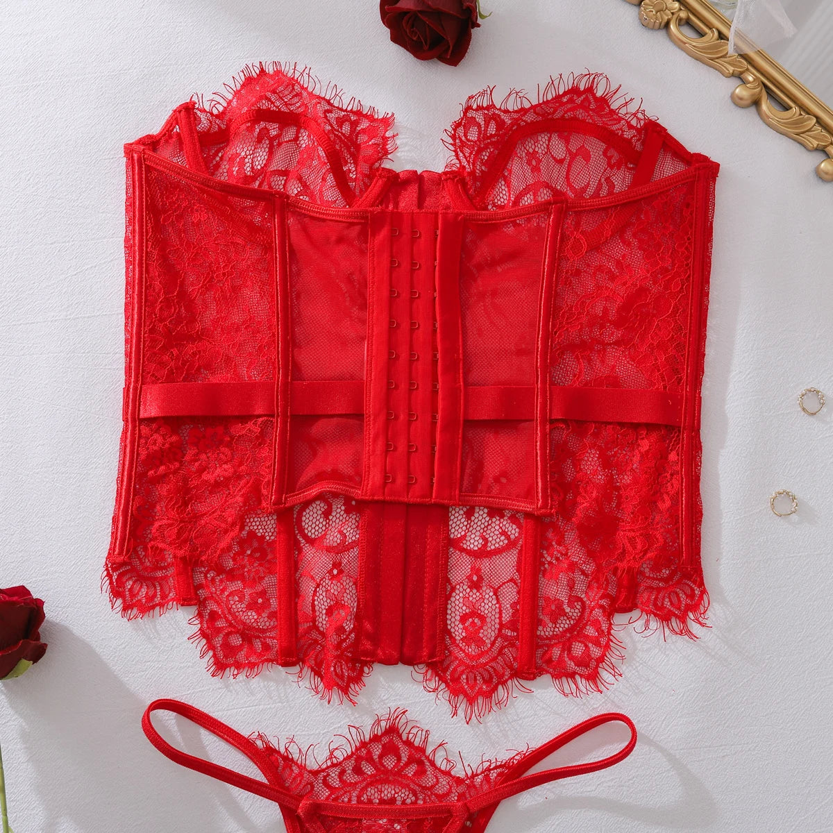 Ellolace Palace Women's Lingerie Sets Willowy Corset Thong 2PC Set Sexy Hot Strapless Lace Fancy Deep V-neck Women Underwear