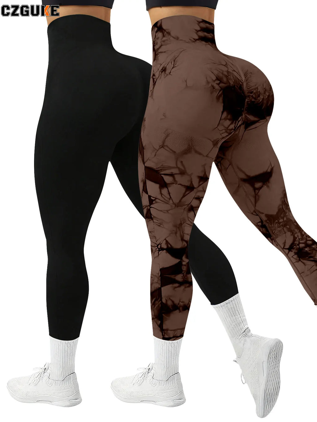 CZGUKE 2-piece women's tie dye pants sports leggings seamless high waisted push ups women's fitness and exercise clothes