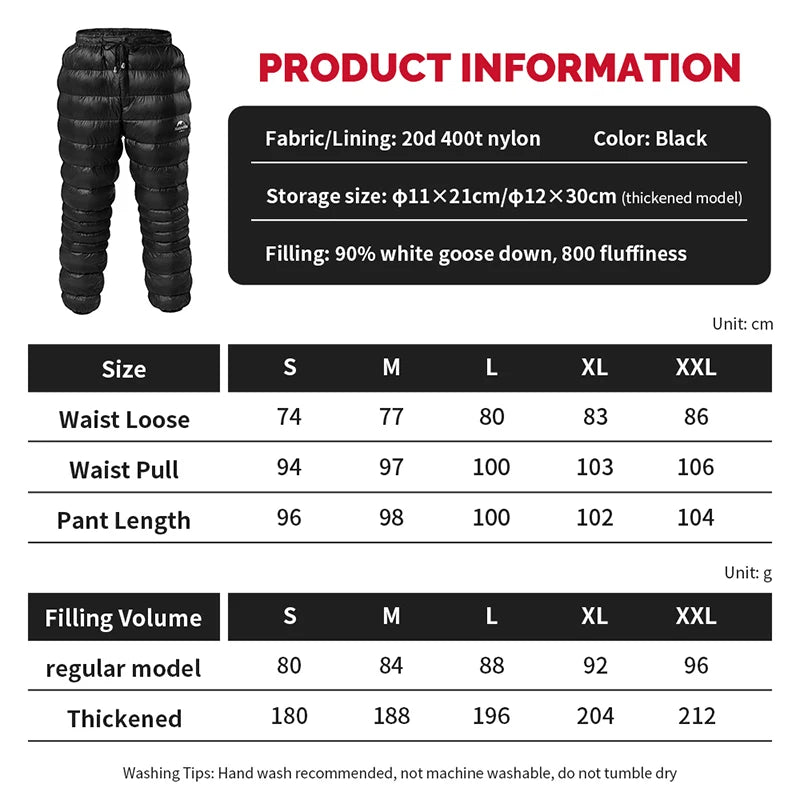 Naturehike Goose & Duck Down Pants Women Men's Winter Hiking Pants Outdoor Skiing Camping Trekking Thicken Waterproof Trousers