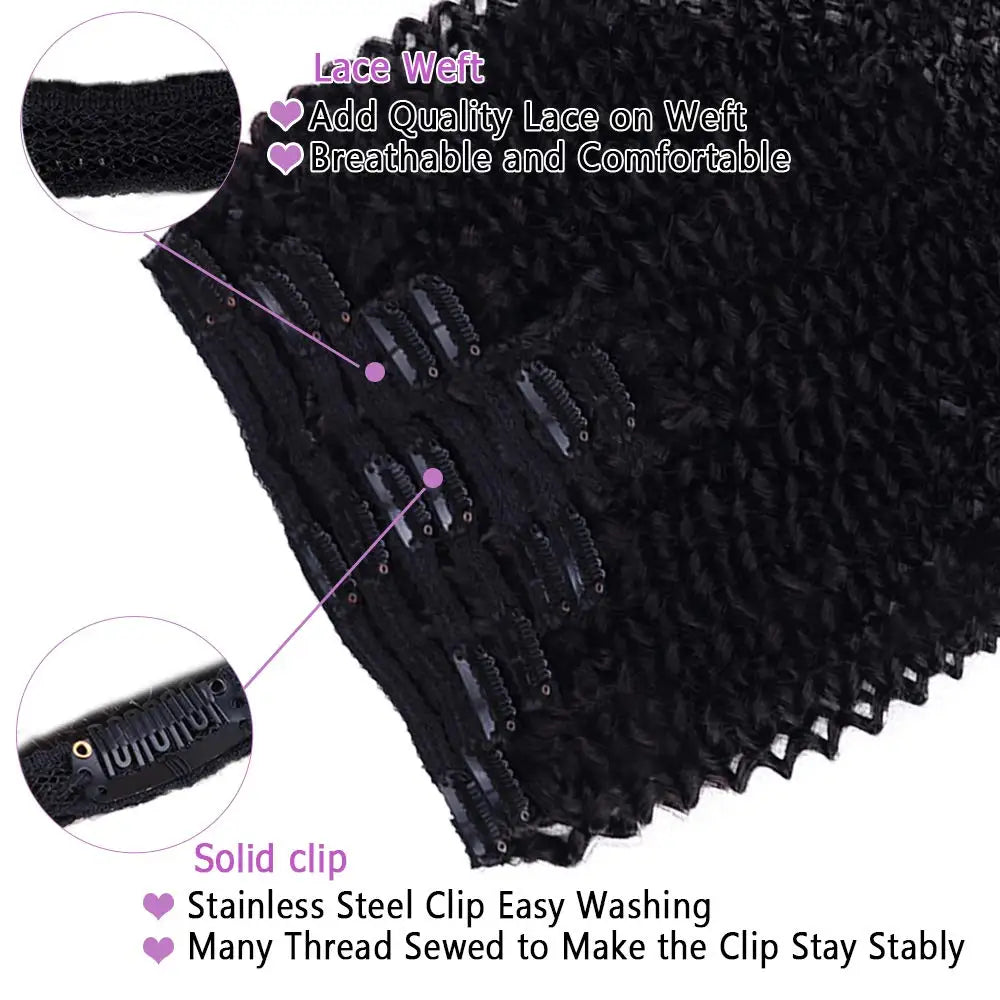 Curly Clip In Extension Human Hair Kinky Curly Clip Ins Full Head for Black Women Brazilian Remy Human Hair Natural Color 8Pcs