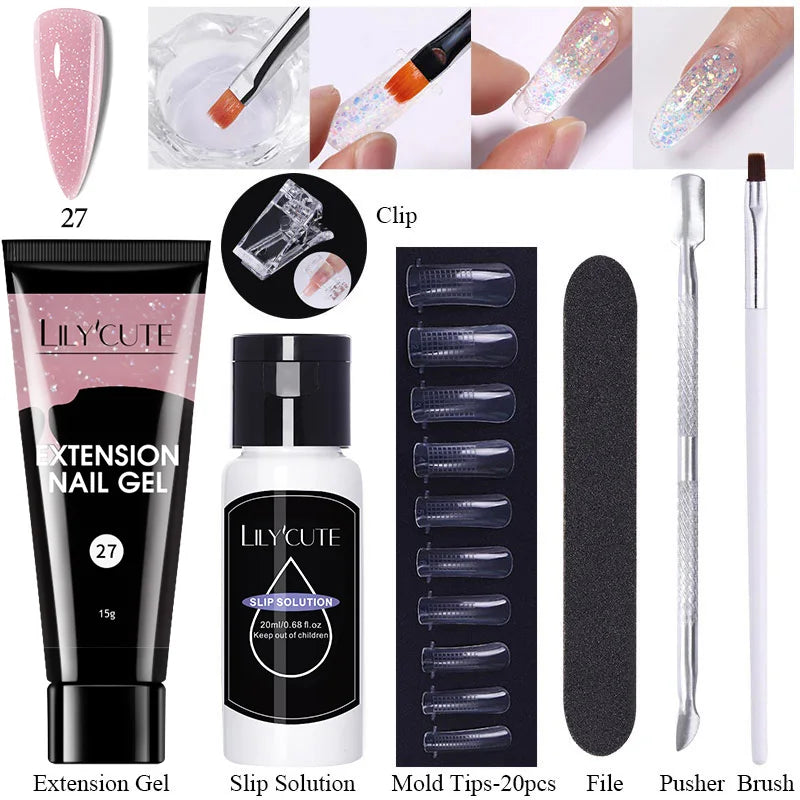 LILYCUTE 15ml Extension Gel Nail Polish Set Quick Nail Prolong With Extend Mold Nail Tips Acrylic Solution Manicure Tools Kit