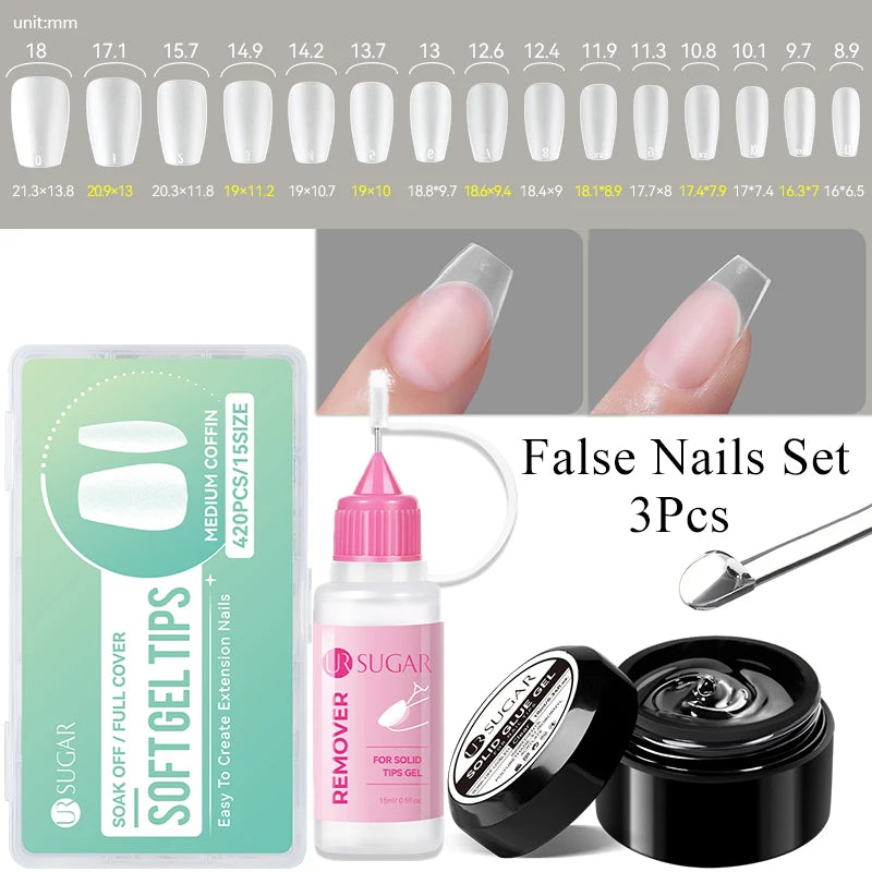 UR SUGAR 3PCS False Nails Set With 420Pcs Matte Soft Gel Tips Solid Glue Gel Remover Quick Nail Extension Kit Nail Beauty Starte
