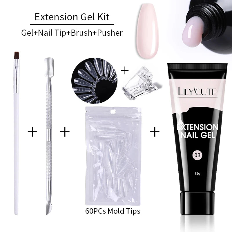LILYCUTE 15ml Extension Gel Nail Polish Set Quick Nail Prolong With Extend Mold Nail Tips Acrylic Solution Manicure Tools Kit