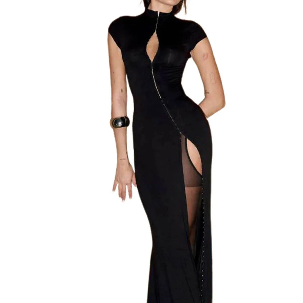 Black High Slit Dresses Half Turtleneck Zipper Slim Hip-Wrapped Long skirt Sexy Hot Girl Nightclub Dress For Women Streetwear Main image