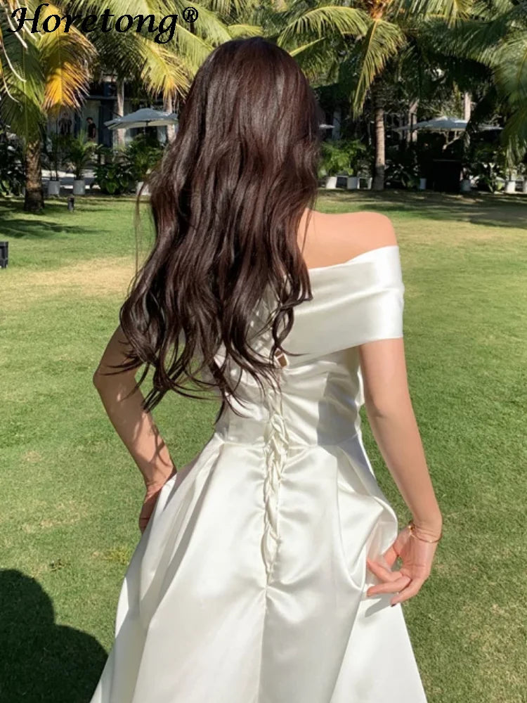 Horetong Bow Slash Neck Sexy Dress Summer Women White Fairy Elegant A-Line Midi Dresses Female Party Prom Clothes Vestdios Secondary image