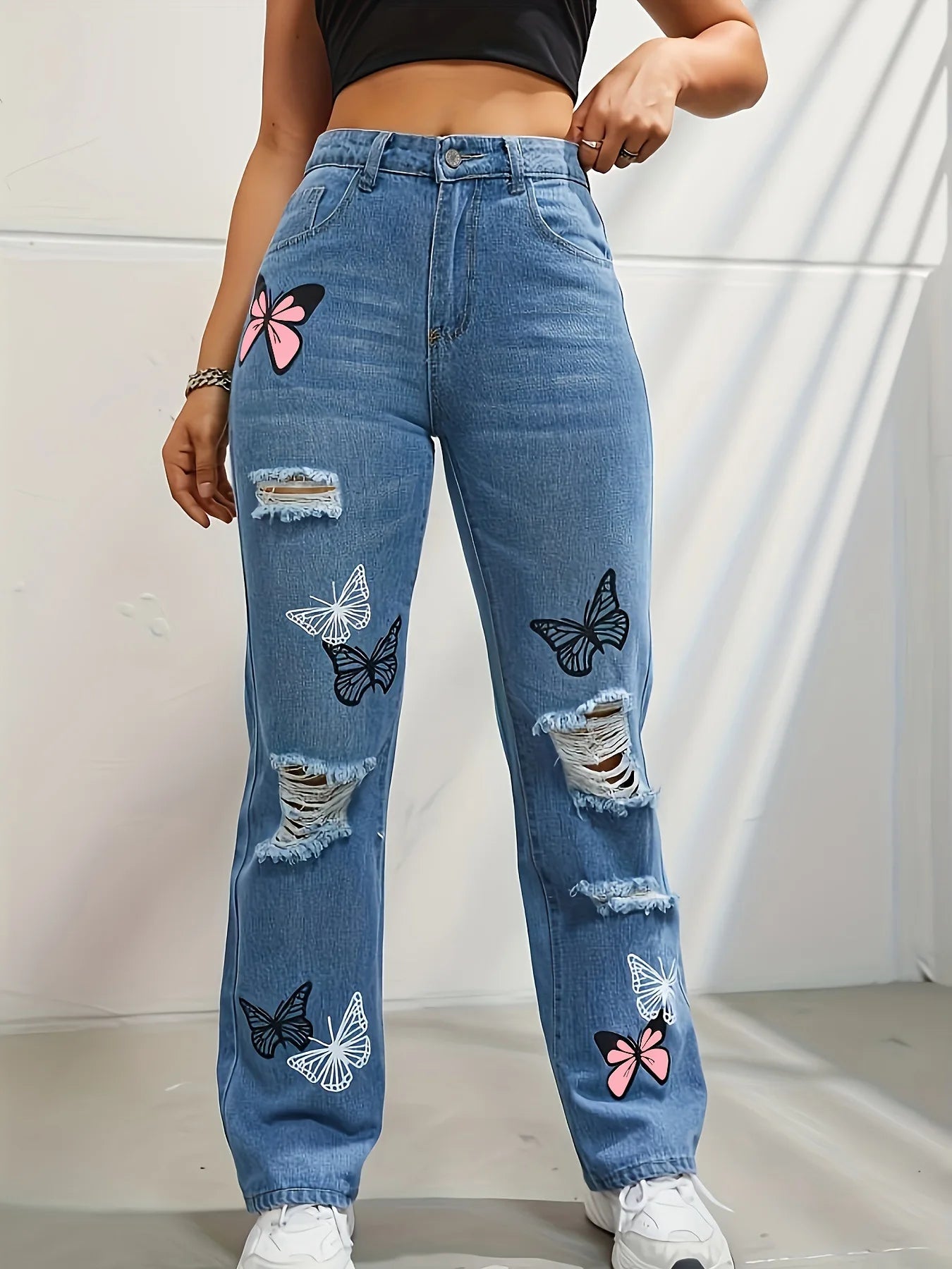 Butterfly Printing Denim Trousers Women Holes Jeans Straight Pants High Waist Loose Fit Vintage 2026 Casual Distressed Denims