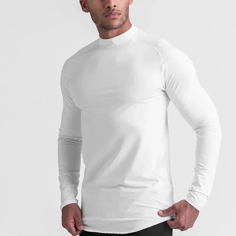 Plain Tight Absorb Sweat Elastic Shirts Gym Bodybuilding Fitness Turtleneck T-shirts Mens Long Sleeve Quick Dry Autumn Clothing