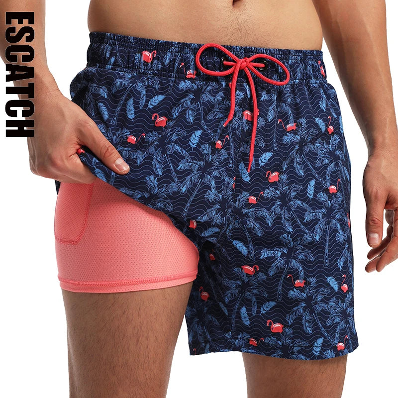 ESCATCH 2026 New Arrival Mens Swimming Trunks Compression Liner 2 in 1 Printing Quick-Dry Gym Sports Mens Shorts Zipper Pockets Main image