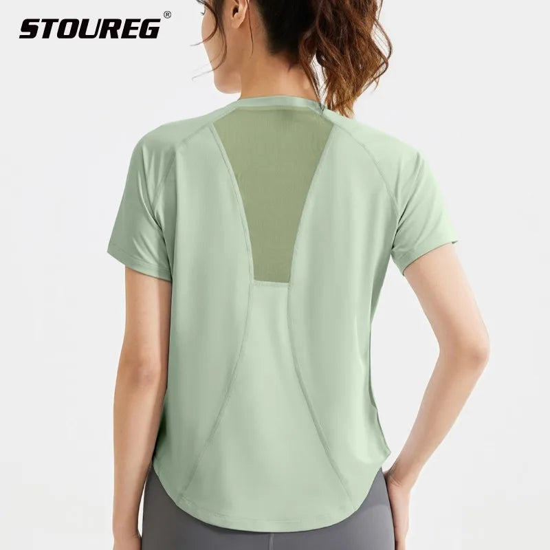 STOUREG Women's Loose Mesh Sports T Shirt Quick Dry Short Sleeve Yoga T Shirt Pilates Running Sports Fitness Short Sleeve