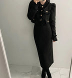 Beige Tweed Jacket + High Waisted Skirts Women Winter  Golden Button 2 Piece Sets Wool Luxury Vintage Skirts Sets Autumn