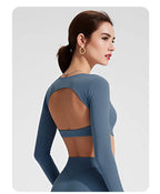 NCLAGEN Sports Tops Gym Women Fitness T Shirt Long Sleeve Open Back Pilates Yoga Padded Crop Top Running Workout Fitness Blouse