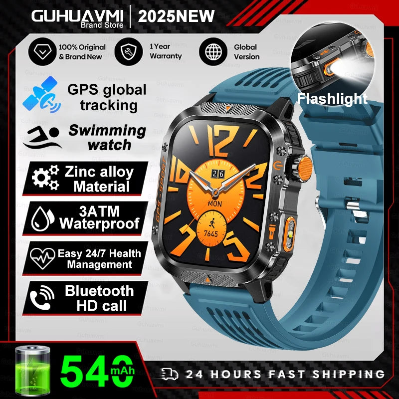 2025New GPS Smart Watch For Xiaomi IOS Military Compass Flashlight Smartwatch Men 10ATM Waterproof 100+Sport Modes BT Call Watch