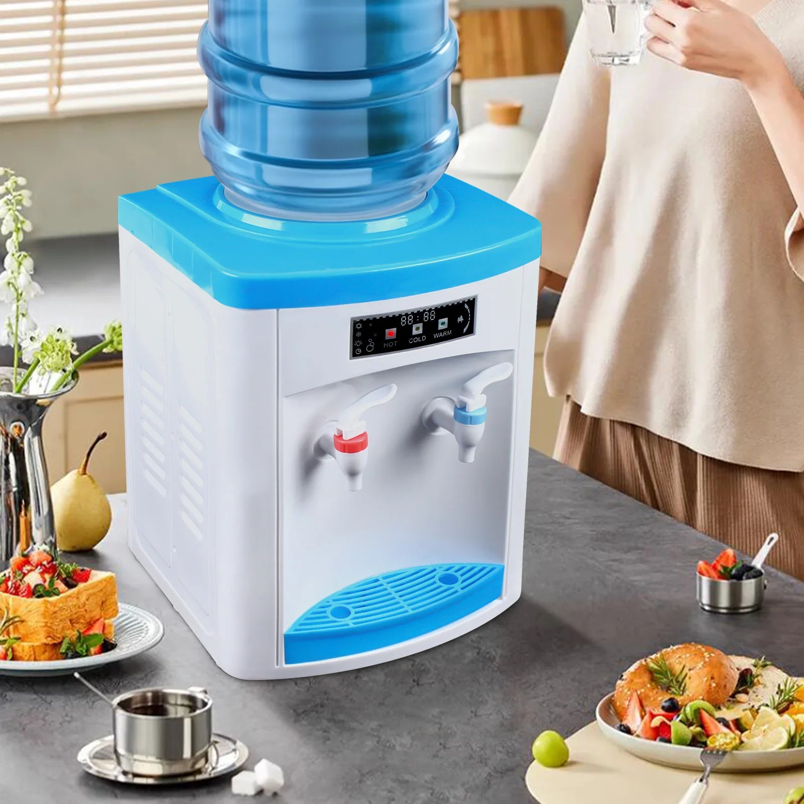 Compact Hot and Cold Water Dispenser, Energy-Saving Desktop Water Cooler Stainless Steel Mini Drinking Station for Office Home