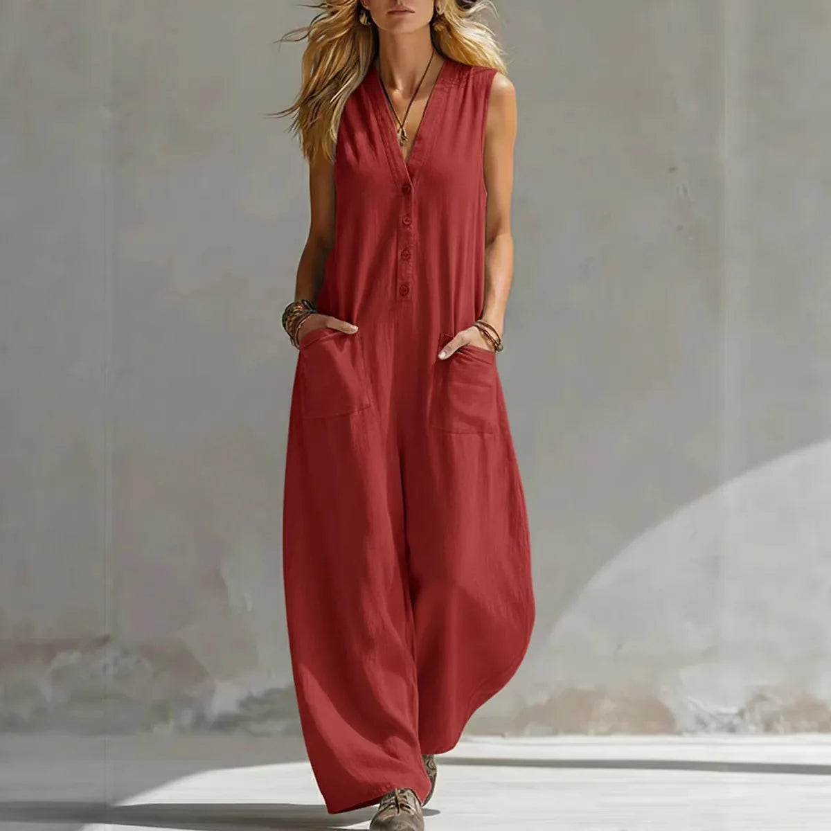 Jumpsuits women 2026 rompers Double-pocket casual linen cotton sleeveless long jumpsuits women's clothing