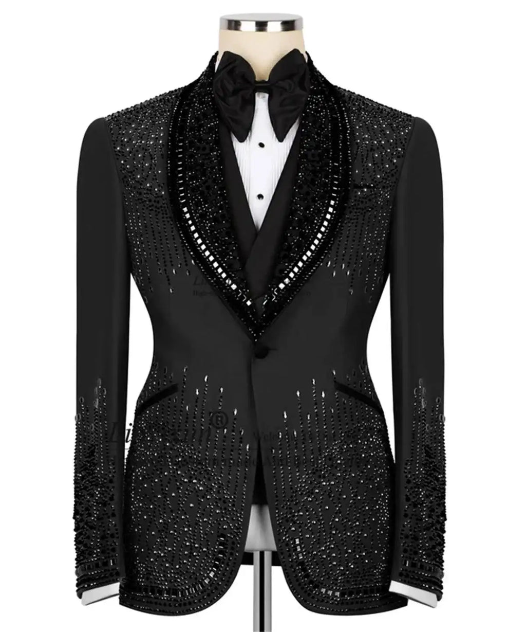 Luxury Costume Men Suit 2 Piece Sets Rhinestones Crystals Shawl Lapel Custom Wedding Slim Fit Tuxedos Blazer For Groom