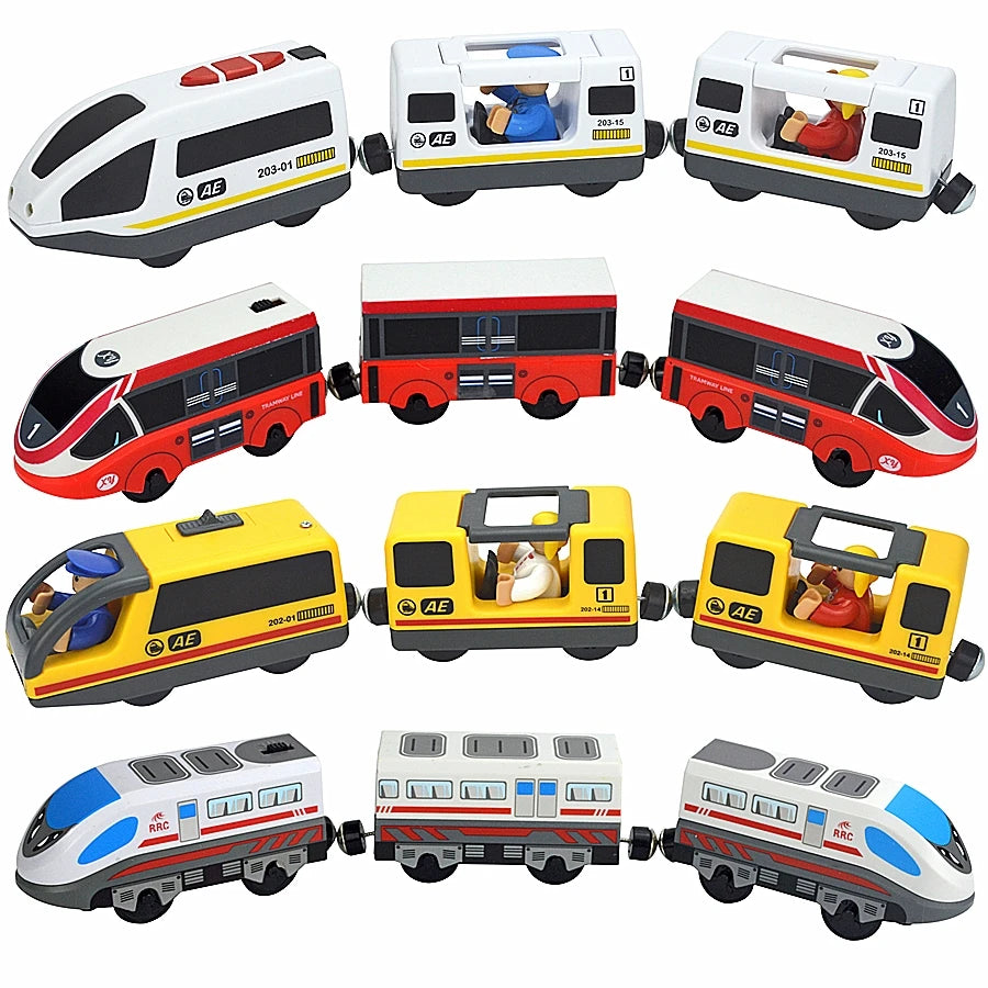 Kid Magnetic Electric Train Car Locomotive Wooden Track Slot Diecast Railway With Two Carriages Train Wood Toy Biro Leduo Track