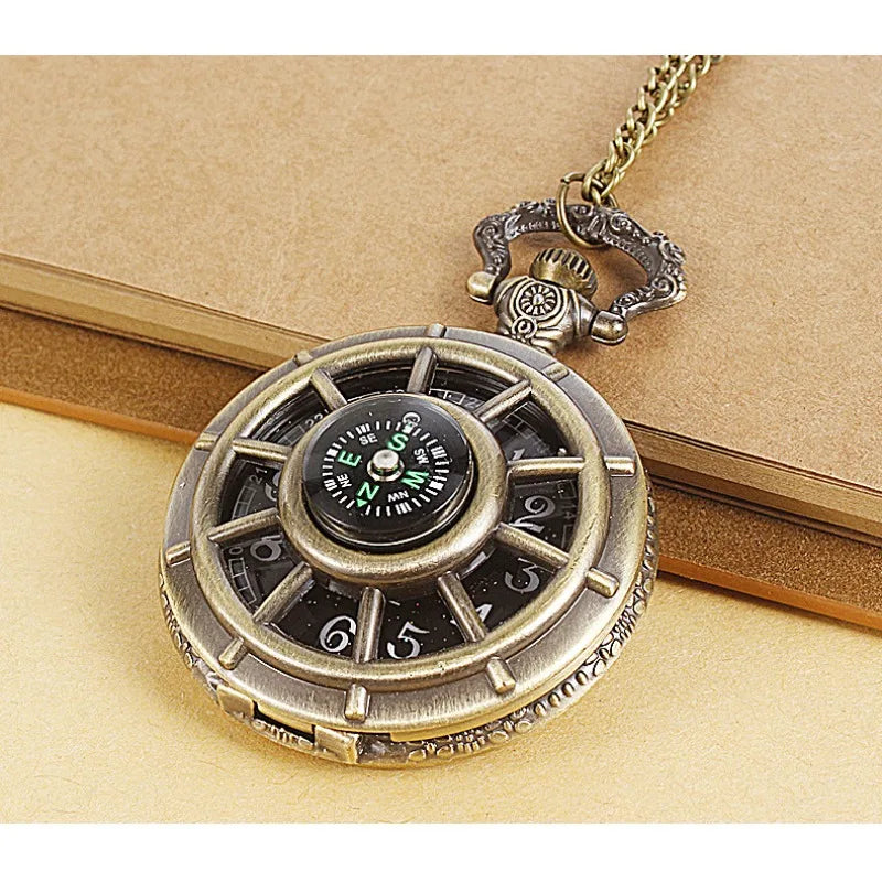 Fashion hollowed out compass pocket watch, outdoor creative flip necklace watch, male and female digital quartz watch