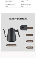 Electric Gooseneck Kettle 1000ML  Hand Brew Coffee Tea 1200W Pot Smart Teapot Temperature Control Pot Rapid Heating Kettle 220v