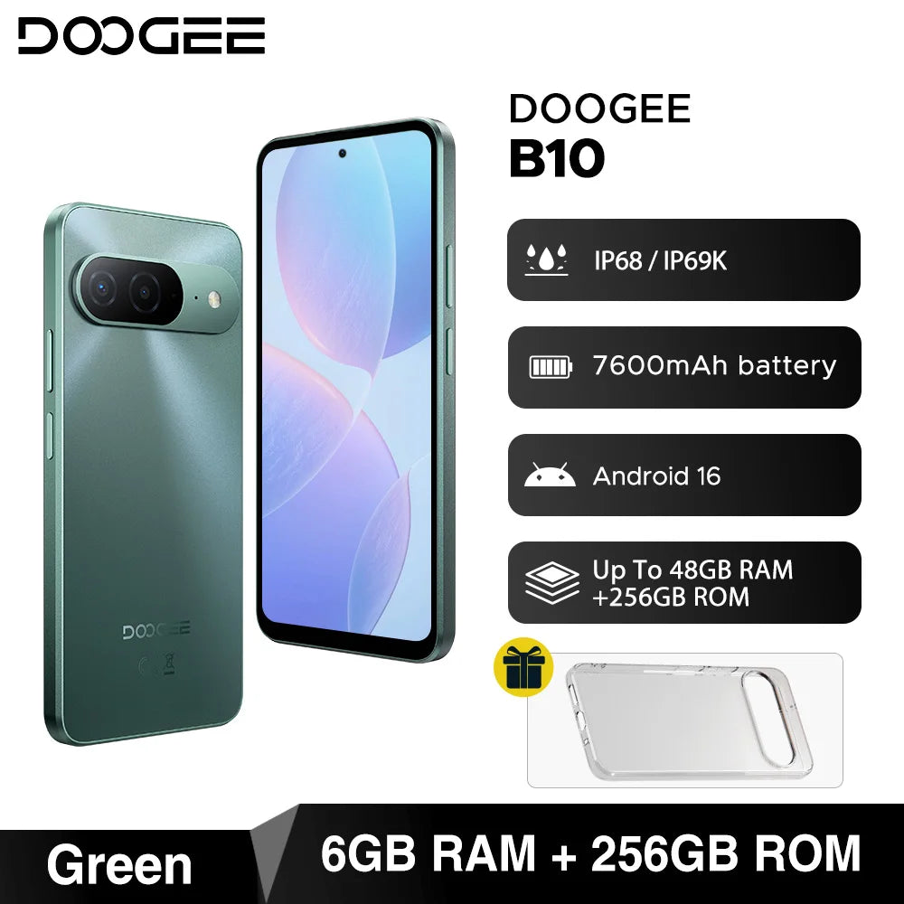 World Premiere DOOGEE B10 Smartphone 7600mAh Battery 6GB 256GB 6.6'' Display 64MP AI Camera Gemini AI Android 16 Mobile Phone