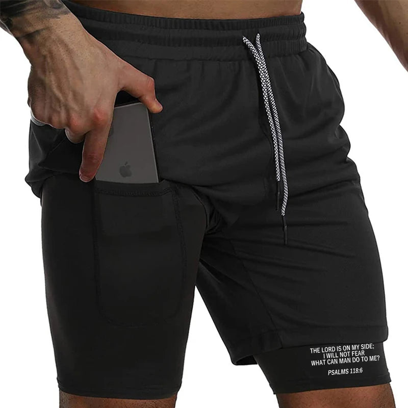 Print 2 in 1 Running Workout Shorts for Men Christian Gym Athletic Performance Shorts with Phone Pocket Towel Loop Activewear Secondary image