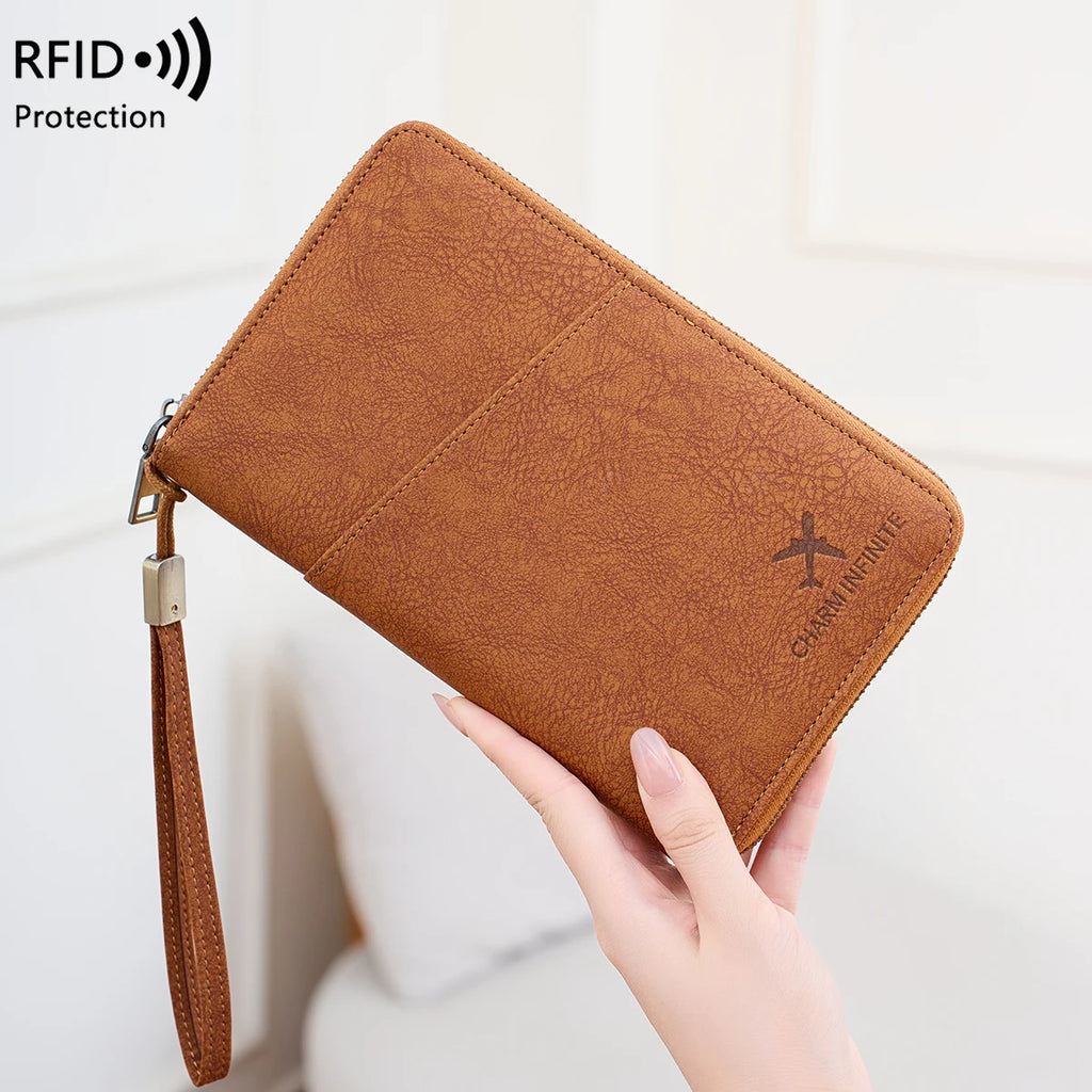 Multi-Functional RFID Blocking Passport Bag Travel Document Holder with Long Zipper Ticket Storage Wallet for Multiple Passports