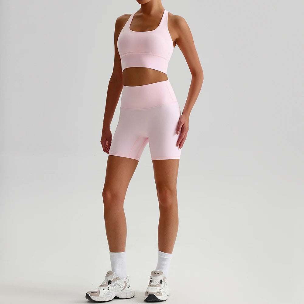 Buttery Soft Nylon Yoga Set Crisscross Back Sports Bra High Waist Biker Shorts 2 Piece Gym Set Workout Outfit Women Activewear