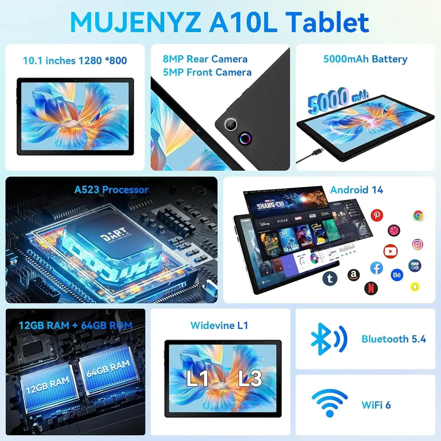 10Inch Tablet Android14 12GB RAM 64GB ROM Octa Core WiFi Dual Camera with Stylus Keyboard Mouse Headphones Case Computer PAD Set Secondary image