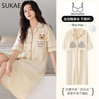 SUKAE Midi Nightdress M-5XL V-neck Bra Padded Botton Sleepshirt Plus Size Cotton Nightgowns Summer Women Short Sleeves Nightgown