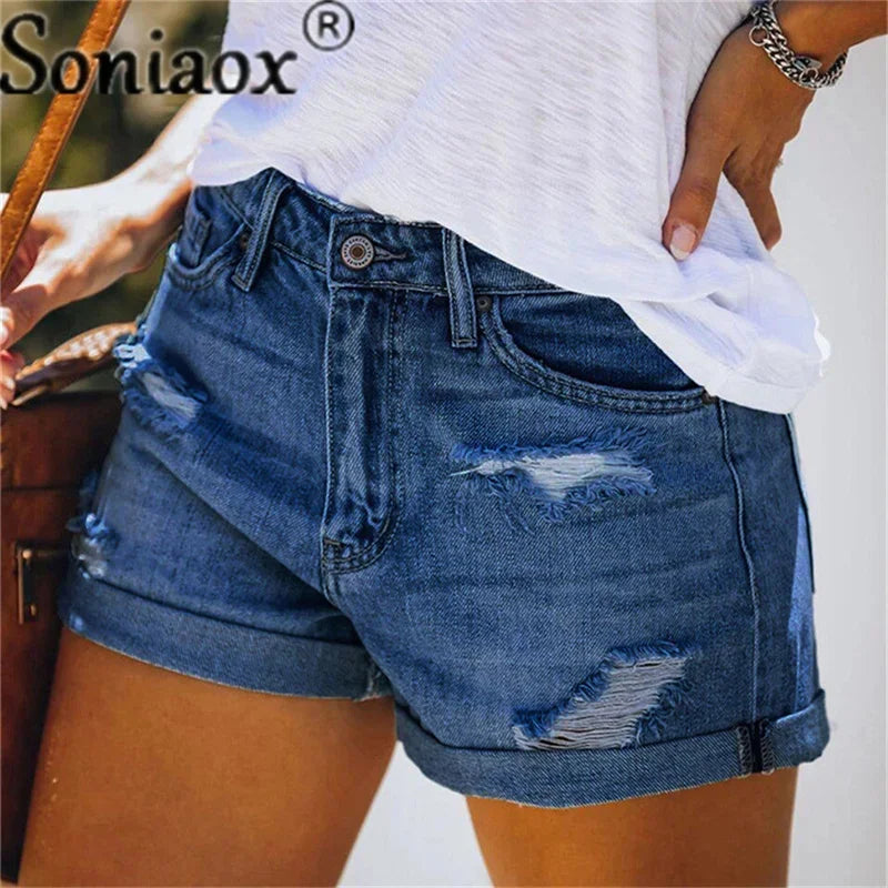 2024 Summer New Women Crimping Button Up Stretch Sexy Hole Jean Shorts High Waist Skinny Streetwear Trendy Ripped Denim Shorts