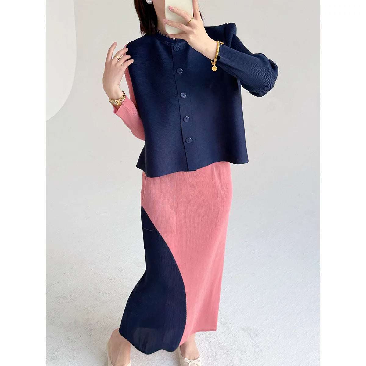 Khaki Beige Pleated Crew Neck Button Vest & Pleated Color Block Skirt Set Drapey Co-ord Set Minimalist Chic Trendy Daily 2026