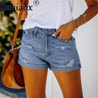 2024 Summer New Women Crimping Button Up Stretch Sexy Hole Jean Shorts High Waist Skinny Streetwear Trendy Ripped Denim Shorts