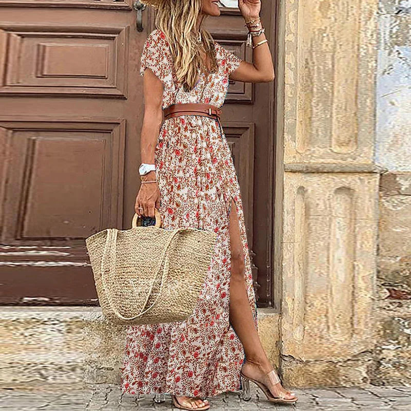 2024 Summer Bohemian Women's Long Dress V Neck Short Sleeve Floral Printed Beach Elegant Vintage Dress with Belt