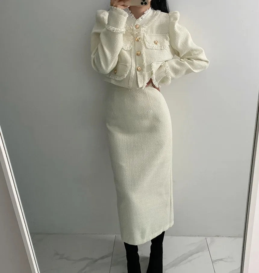 Beige Tweed Jacket + High Waisted Skirts Women Winter  Golden Button 2 Piece Sets Wool Luxury Vintage Skirts Sets Autumn