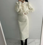Beige Tweed Jacket + High Waisted Skirts Women Winter  Golden Button 2 Piece Sets Wool Luxury Vintage Skirts Sets Autumn