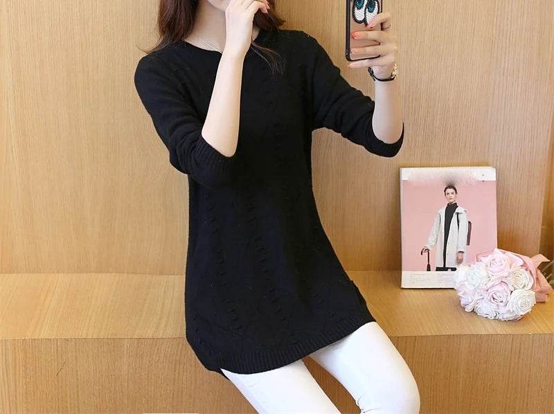 Knitted Jumper Autumn Winter Tops O-neck Long Sleeve Pullovers Casual Warm Women's Sweaters Midi Long Slim Sweater Girls