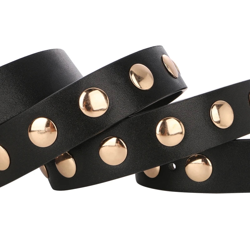 Women Fashion Leather Belt Studded Punk Black Belts for Jeans Dress Ladies Belt with Gold Buckle Adjustable Waist Belt