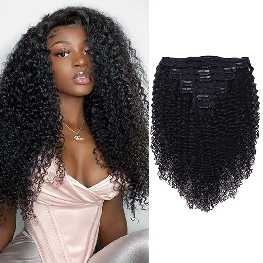 Curly Clip In Extension Human Hair Kinky Curly Clip Ins Full Head for Black Women Brazilian Remy Human Hair Natural Color 8Pcs