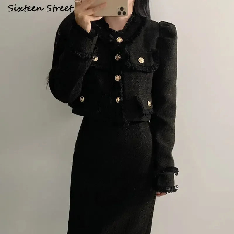 Beige Tweed Jacket + High Waisted Skirts Women Winter  Golden Button 2 Piece Sets Wool Luxury Vintage Skirts Sets Autumn