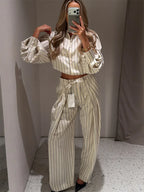 HH Women Spring New Fashion Vintage Versatile Beige Striped Puffy Sleeve Shirt+High Waisted Loose Pleated Casual Long Pants Set