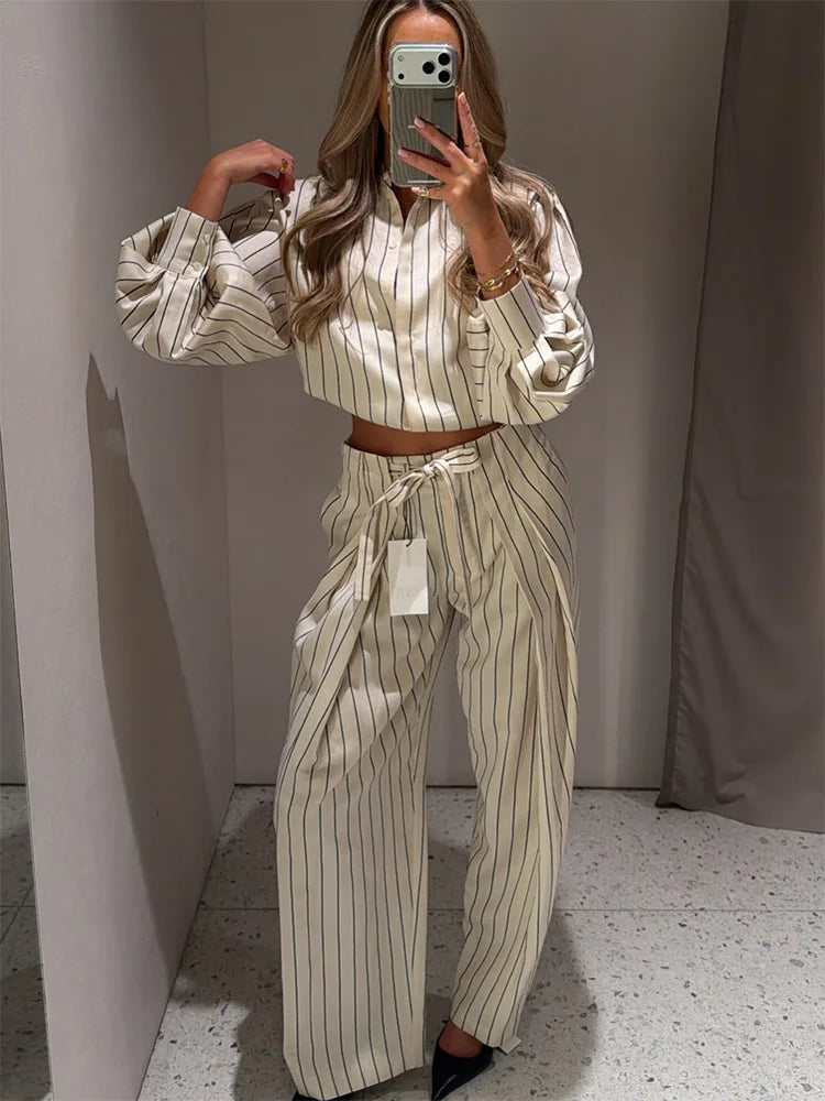 HH Women Spring New Fashion Vintage Versatile Beige Striped Puffy Sleeve Shirt+High Waisted Loose Pleated Casual Long Pants Set Main image
