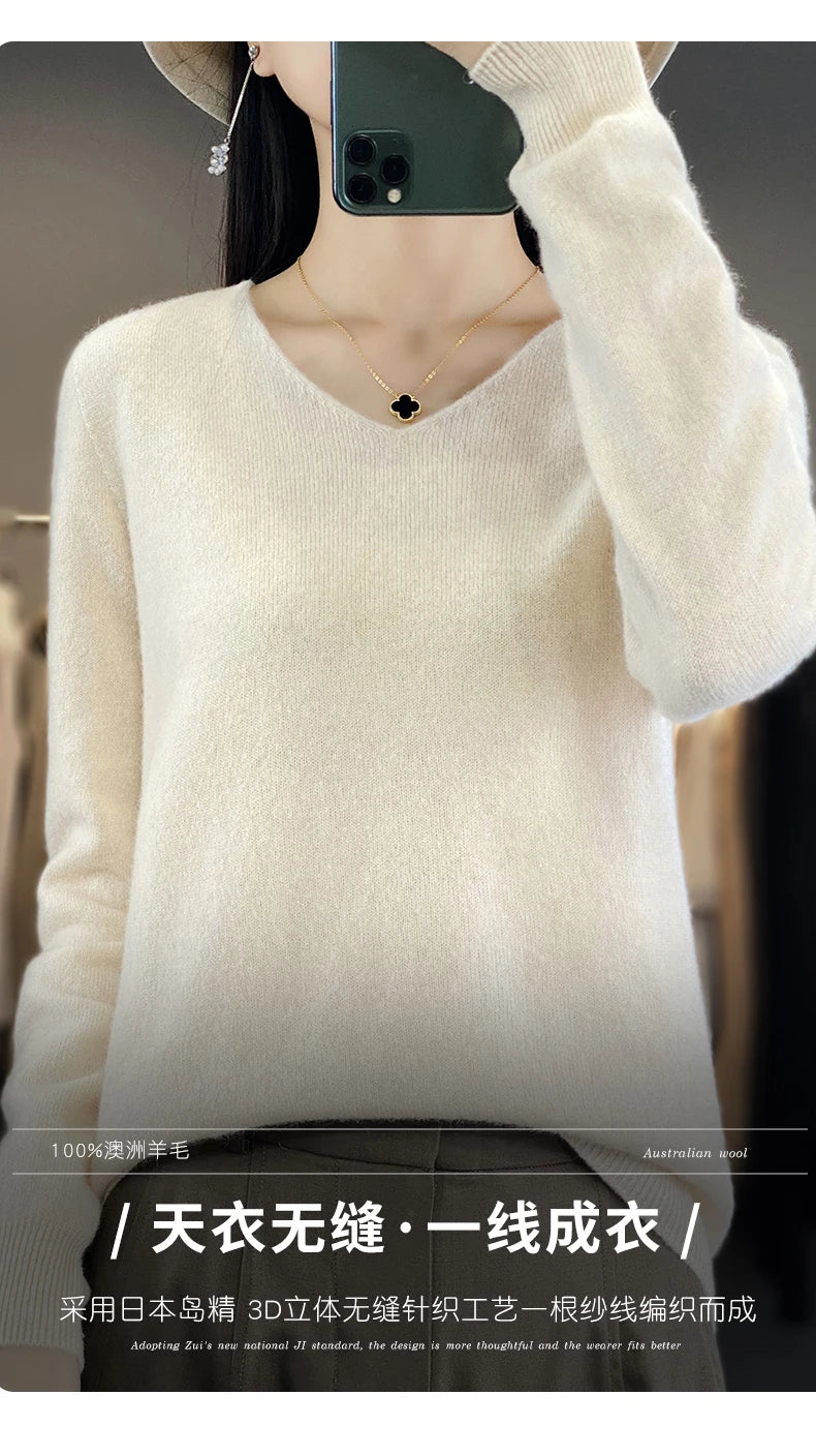 Women 100% Merino Wool Sweater V-Neck Basic Pullover Autumn Winter Cashmere Clothing Long Sleeve Soft Knitwear Tops Solid Color