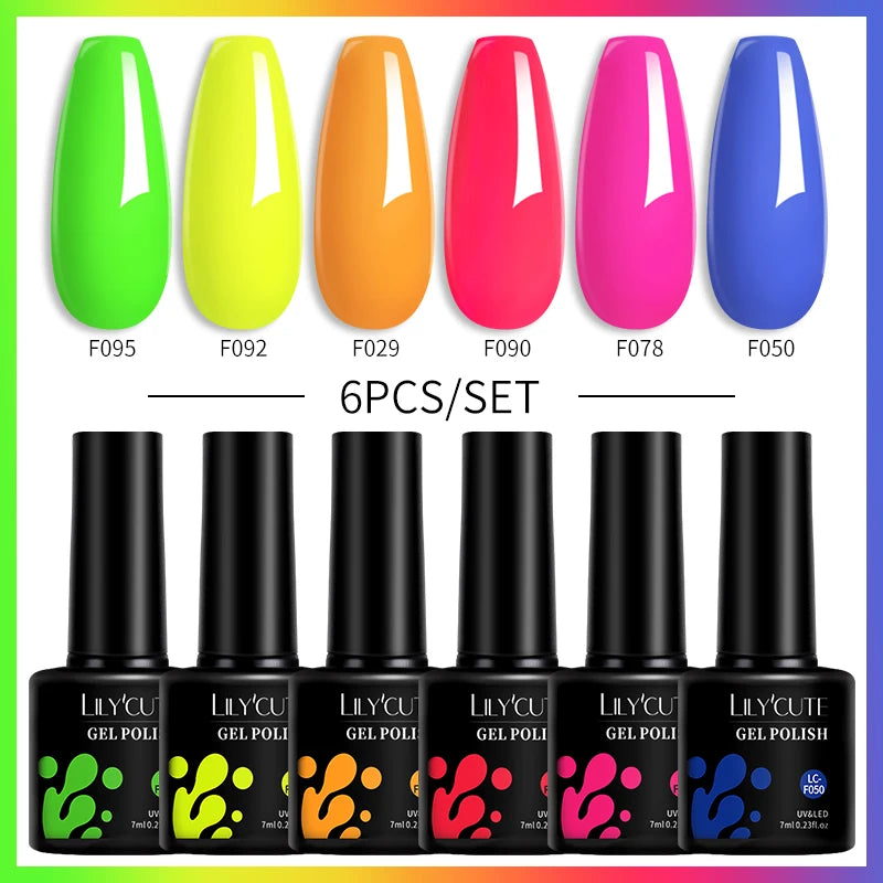 LILYCUTE 6PCS Gel Nail Polish Set Summer Neon Nail Gel Kits For DIY Nail Vernis Semi Permanent UV Lamp Gellak Nail Varnish Set