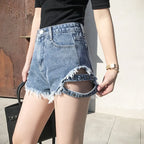 Summer Side Spike Women Denim Shorts 2021 Fashion Loose Holes High Waist Jeans High Street Wide Legs Thin Shorts Women Trousers
