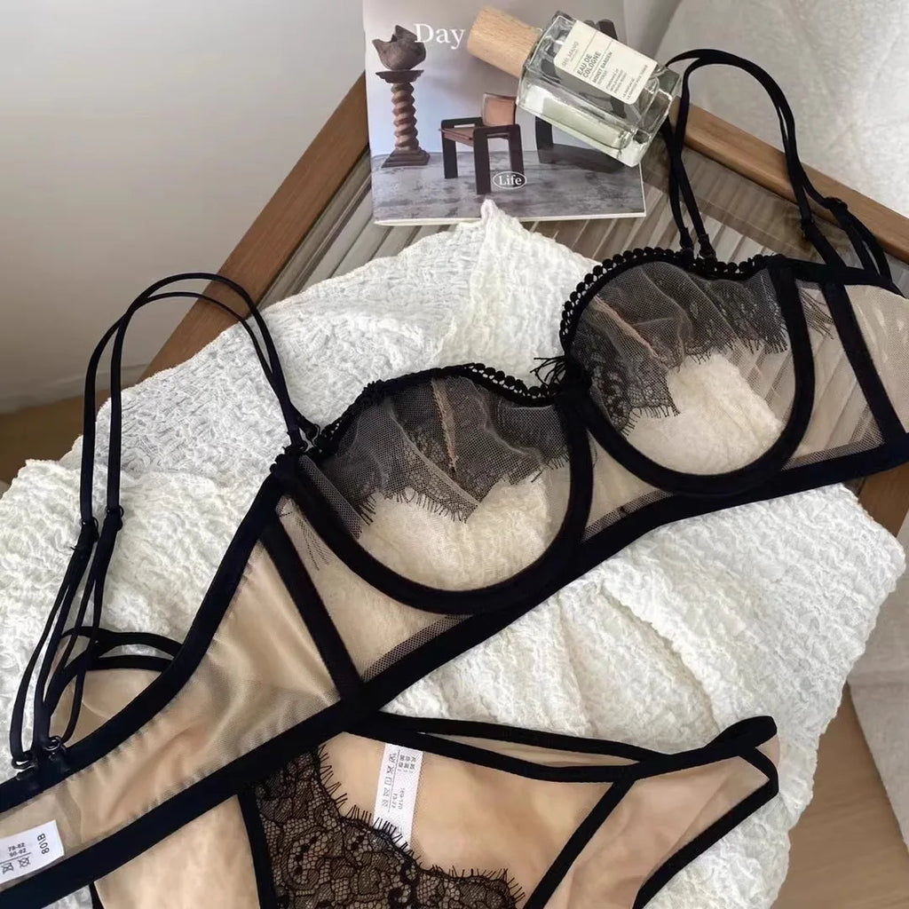 Japanese Light Luxury Backless Lace Bra Set - Ultra-Thin Half Cup Minimizer Sheer Mesh & Lace Lingerie Last 50 Sets  Flash Sale