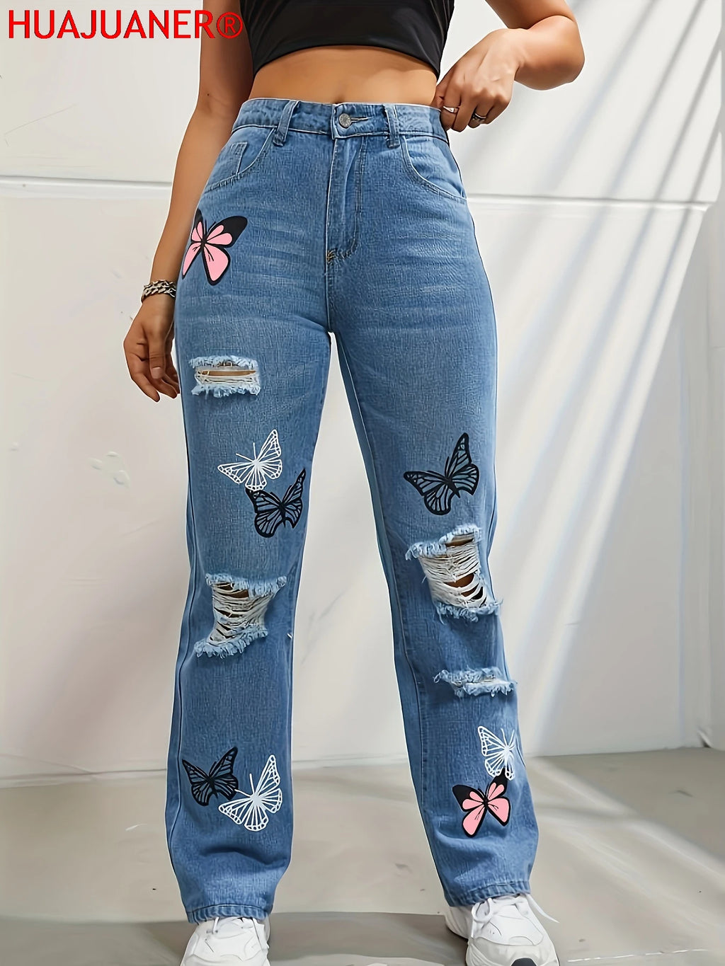 Butterfly Printing Denim Trousers Women Holes Jeans Straight Pants High Waist Loose Fit Vintage 2026 Casual Distressed Denims