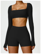 Hearuisavy Summer Casual Quick Dry Sportswear Women Square Neck Gym Top Women Fitness Sports Crop Top Long Sleeve Yoga Clothing