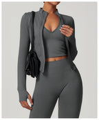 Women's Zipper Crop Sports Jacket Long Sleeve Yoga T-Shirt Solid Quick Dry Fitness Top Gym Running Workout Sportswear