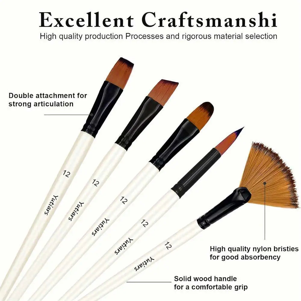 32pcs White Artist Brush Set - Round, Angle, Flat, Fan & Detail Brushes. Multi-functional for Acrylic, Oil, Watercolor, Gouache