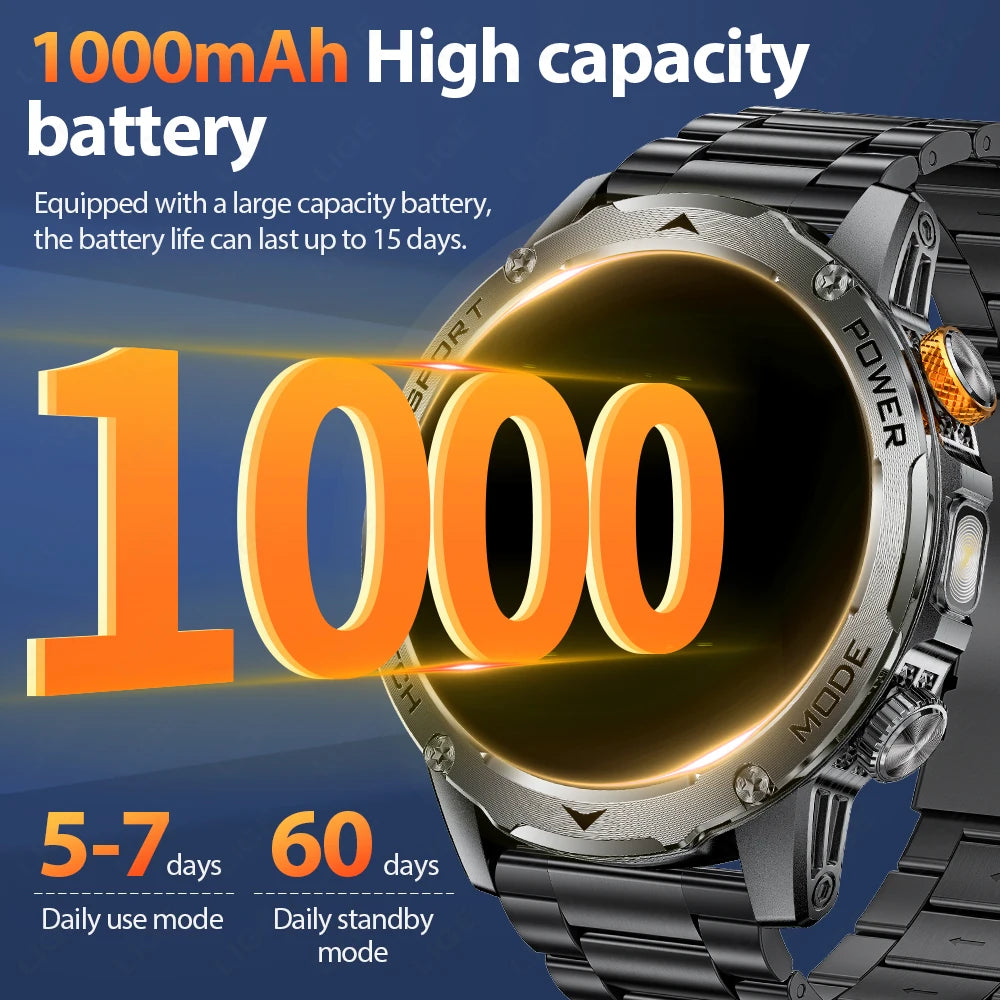 LIGE New Smart Watch Men 1000mAh Large Capacity Battery Outdoor Flashlight Bluetooth Call Waterproof Sport Fitness Smartwatch