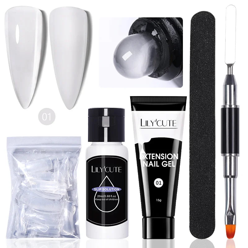LILYCUTE 15ml Extension Gel Nail Polish Set Quick Nail Prolong With Extend Mold Nail Tips Acrylic Solution Manicure Tools Kit